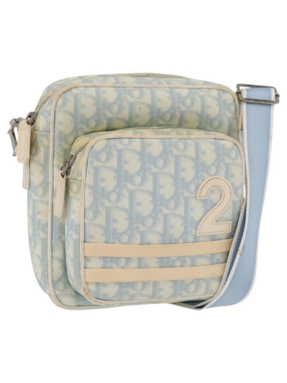 Authentic Christian Dior Trotter Canvas Shoulder Bag PVC Light Blue Silver